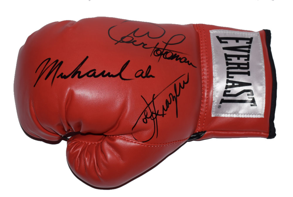 ali frazier foreman signed boxing glove